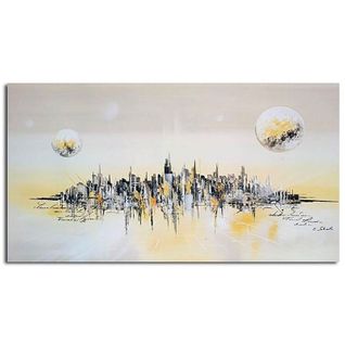 Tableau Bois Ville De L'avenir 70 X 50 Cm Beige