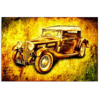 Tableau Bois Voiture Rétro 80 X 60 Cm Jaune