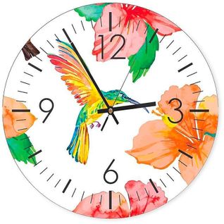 Horloge Murale Fantaisiste Colibri Et Fleurs Colorées 60 X 60 Cm Blanc