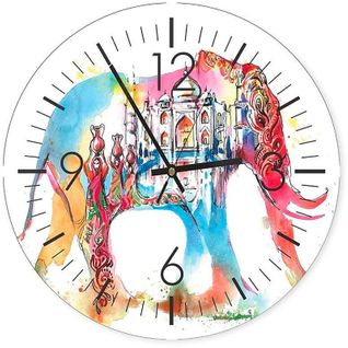 Horloge Murale Décorative Éléphant Taj Mahal Colorée 40 X 40 Cm Blanc