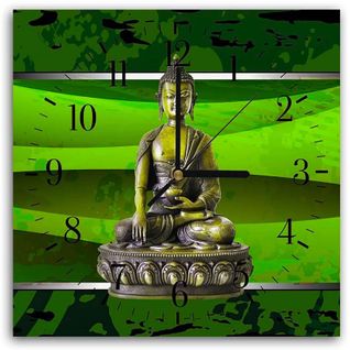 Horloge Murale Design Bouddha En Méditation Couleur Verte 30 X 30 Cm Vert