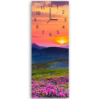 Horloge Murale Panoramique Coucher De Soleil Et Fleurs De Montagne 25 X 65 Cm Orange