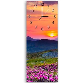 Horloge Murale Panoramique Coucher De Soleil Et Fleurs De Montagne 30 X 90 Cm Orange