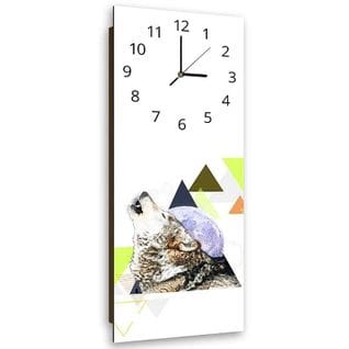 Horloge Murale Décorative Loup Et Formes Géométriques 25 X 65 Cm Blanc