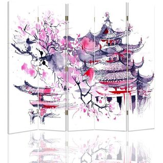 Paravent Style Japonais Traditionnel, Décoration Zen 180 X 150 Cm - 2 Faces R° V° + 360° Rose