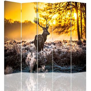 Paravent Scène Forestière Avec Cerf Au Crépuscule 180 X 180 Cm - 2 Faces R° V° + 360° Jaune