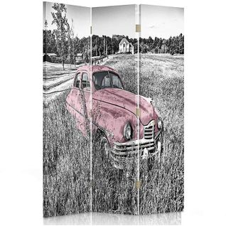 Paravent Déco Vintage Voiture Rose En Campagne 3 Panneaux 110 X 150 Cm - 1 Face Déco Rose