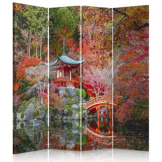 Paravent Jardin Zen Japonais 4 Panneaux Décoratif 145 X 150 Cm - 1 Face Déco Rouge