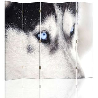 Paravent Husky 2 Design Original à 5 Panneaux Décoratif 180 X 180 Cm - 1 Face Déco Blanc