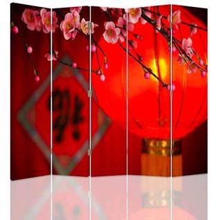 Paravent Japonais 5 Panneaux, Motif Lanterne Asiatique 180 X 150 Cm - 2 Faces R° V° Rouge