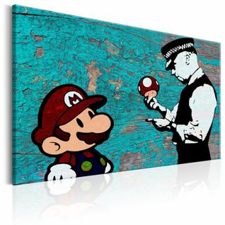 Tableau Mario Bros Sur Bois Banksy 90 X 60 Cm Bleu