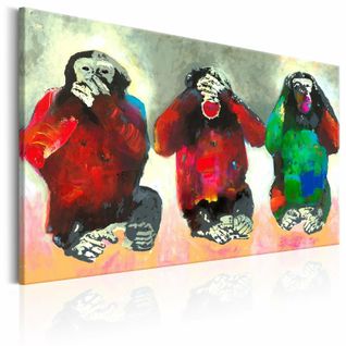 Tableau Trois Singes Sages 90 X 60 Cm Rouge