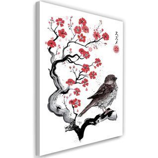 Tableau Moineau Sur Le Cerisier Japonais 40 X 60 Cm Blanc