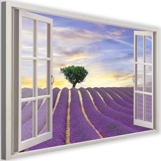 Tableau Fenêtre, Champ De Lavande 90 X 60 Cm Violet