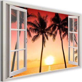 Tableau Fenêtre, Soleil Et Palmiers 60 X 40 Cm Orange