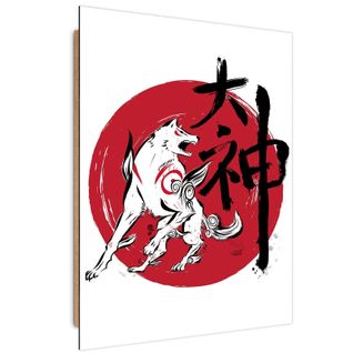 Tableau Bois Okami Dieu-loup Japonais 70 X 100 Cm Rouge