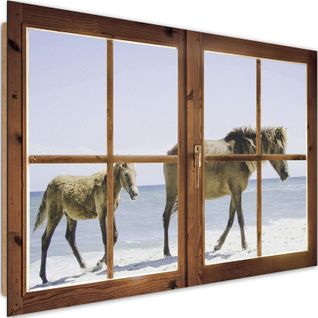 Tableau Bois Plage Et Chevaux 90 X 60 Cm Beige