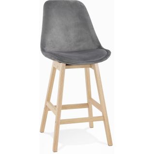 Tabouret De Bar Rembourré Velour Gris Pied Bois H Assise 66cm