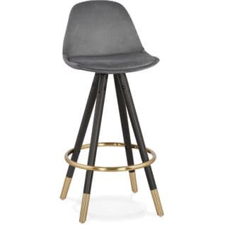 Tabouret De Bar Design Bois Noir Et Velours Gris H87cm