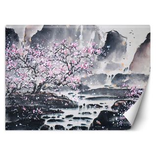 Papier Peint Fleur De Cerisier Avec Un Fond De Montagne 200 X 140 Cm Gris