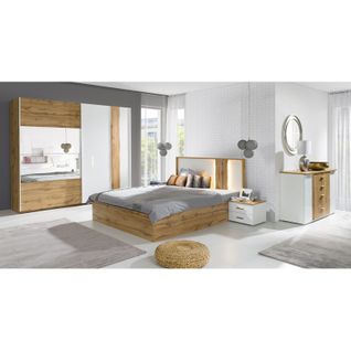 Chambre à Coucher Complète Wood Chêne Et Blanc. Lit + Armoire + Commode + 2 Chevets