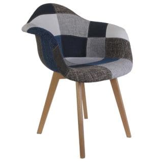 Fauteuil Scandinave Patchwork Bleu Gris Pieds Bois - Gris