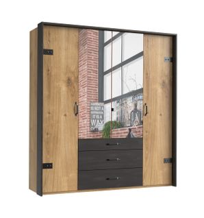 Armoire Avec Miroir 4 Portes En Chêne Poutre + Un Cadre En Couleur Rechampis Raw Steel