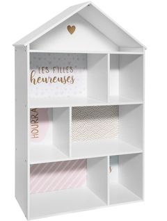 Etagère Enfant Forme Maison 7 Cases Rose - L.73,5 X L.30 X H.114 Cm