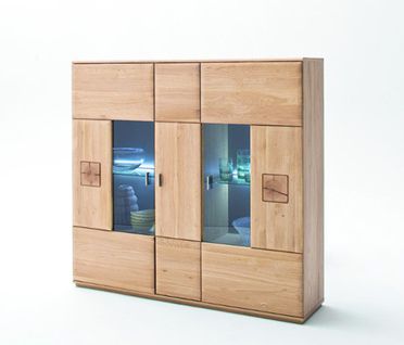 Vaisselier / Buffet En Bois Chêne Massif Bianco + LED - L.150 X H.141 X P.38 Cm