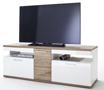 Meuble TV Coloris Blanc Brillant Et Chêne Sterling - L. 150 X H. 55 X P. 50 Cm