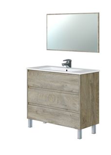 Meuble De Salle De Bain De 3 Tiroirs + Miroir Coloris Alaska Chêne Nordic.