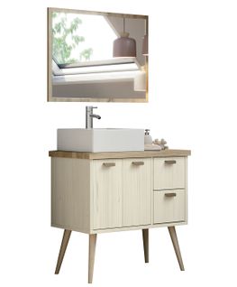 Meuble Vasque + Miroir Coloris Pin/cambrian - H. 93 X L. 82 X P. 46 Cm