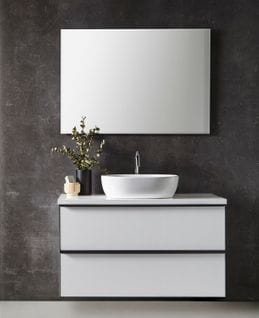 Meuble De Salle De Bain Avec 2 Tiroirs Suspendus Blanc Brillant + Vasque À Poser + Miroir