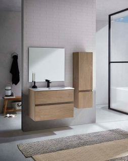 Meuble De Salle De Bain Avec 2 Tiroirs Suspendus Avec Plan Moulé + Miroir + Colonne