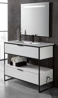 Meuble De Salle De Bain Avec 2 Tiroirs Blanc Brillant Avec Plan Moulé + Miroir