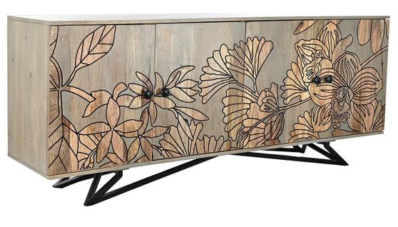 Buffet Meuble De Rangement En Bois De Manguier Et Métal Coloris Gris - L. 177 X H. 74 X P. 45 Cm