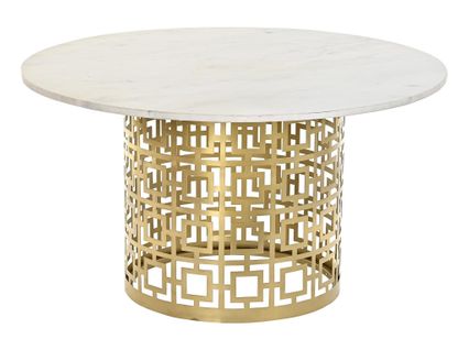 Table Basse En Métal Doré Et Marbre Blanc - Diamètre 76 X Hauteur 43 Cm