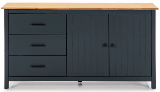 Buffet En Pin Massif Décor Ciré Chêne Et Bleu, Meuble De Rangement - L. 150 X P. 40 X H. 80 Cm