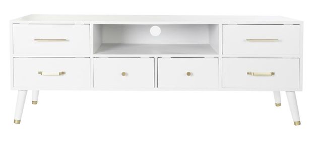 Meuble TV En Bois Mdf Coloris Blanc Et Métal Doré - L. 140  X P. 40 X H. 52 Cm