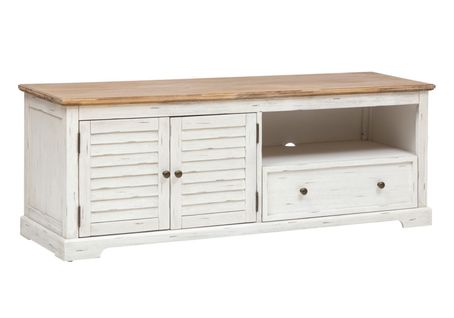 Meuble TV  En Bois D'acacia Et Mdf Coloris Blanc  - Longueur 140  X Profondeur 40 X Hauteur 50 Cm