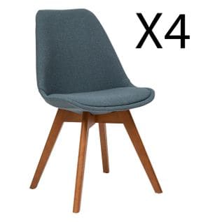 Lot De 4 Chaises De Table En Tissu Polyester Coloris Bleu, Pieds En Bois Foncé