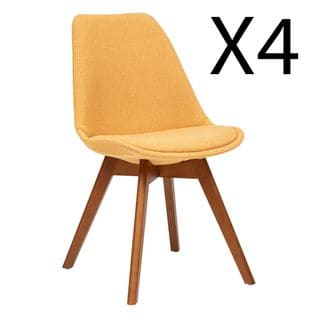 Lot De 4 Chaises De Table En Tissu Polyester Jaune, Pieds En Bois Foncé