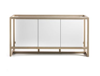 Buffet, Commode En Bois Coloris Blanc Brillant/chêne - L. 195 X P. 41.5 X H. 85 Cm