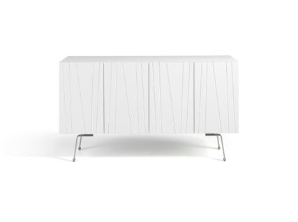 Buffet, Commode En Bois Coloris Blanc Brillant Avec Pieds En Acier - L. 150 X P. 40 X H. 85 Cm