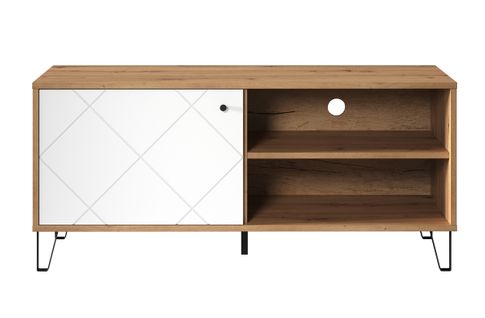 Meuble TV Avec 1 Porte Coloris Blanc Mat Et Chêne Artisan, Pieds En Métal Noir