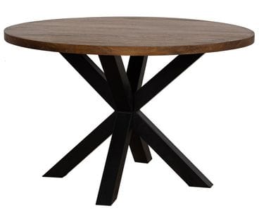 Table De Salon Ronde En Bois Marron Et Métal Noir - Diamètre 120 X Hauteur 76 Cm