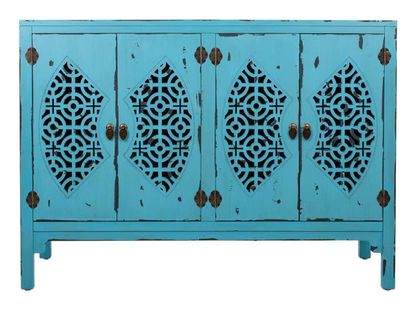 Buffet, Meuble De Rangement En Bois Avec 4 Portes Coloris Bleu  - L. 120 X P. 40 X H. 86,5 Cm