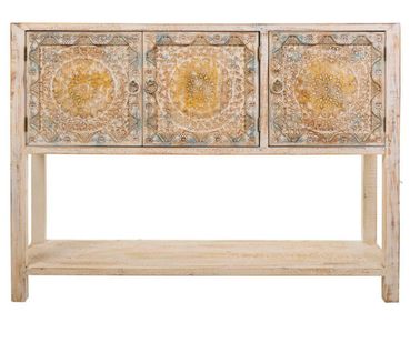 Buffet, Meuble De Rangement En Bois Sculpté Avec 3 Portes Coloris Blanc Vieilli