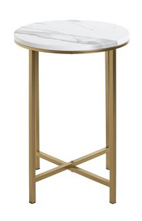 Table D'appoint Ronde En Métal Coloris Doré Et  Mdf Imitation Marbre  - Diamètre 39 X Hauteur 53 Cm