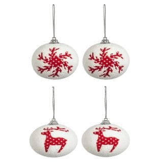 4 Boules De Noël Design Flocon Et Renne Jeanne - Rouge Et Blanc